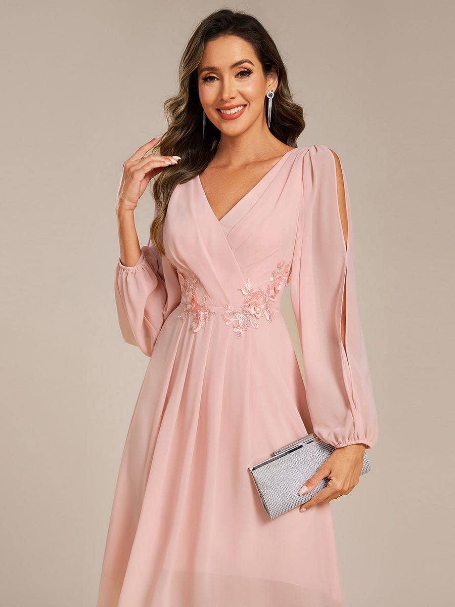 ever AELINA|Long Sleeves Waist Applique A-Line Midi Chiffon Wedding Guest Dress