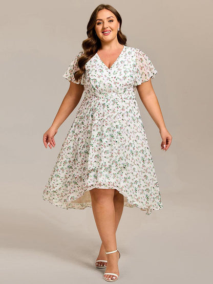 ever CATALEYA|Short Sleeve Ruffled V-Neck Floral Printed Midi Wedding Guest Dress