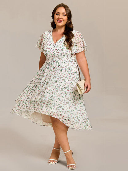 ever CATALEYA|Short Sleeve Ruffled V-Neck Floral Printed Midi Wedding Guest Dress