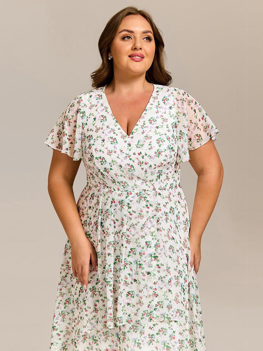 ever CATALEYA|Short Sleeve Ruffled V-Neck Floral Printed Midi Wedding Guest Dress