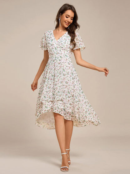 ever CATALEYA|Short Sleeve Ruffled V-Neck Floral Printed Midi Wedding Guest Dress