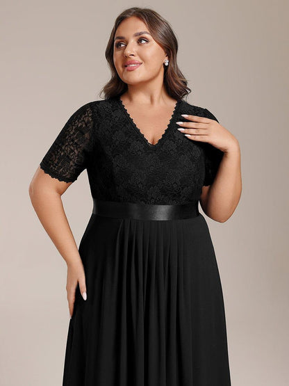 pretty JOLEN|Plus Size Half Sleeve Lace Pleated V-Neck Midi Wedding Guest Dress