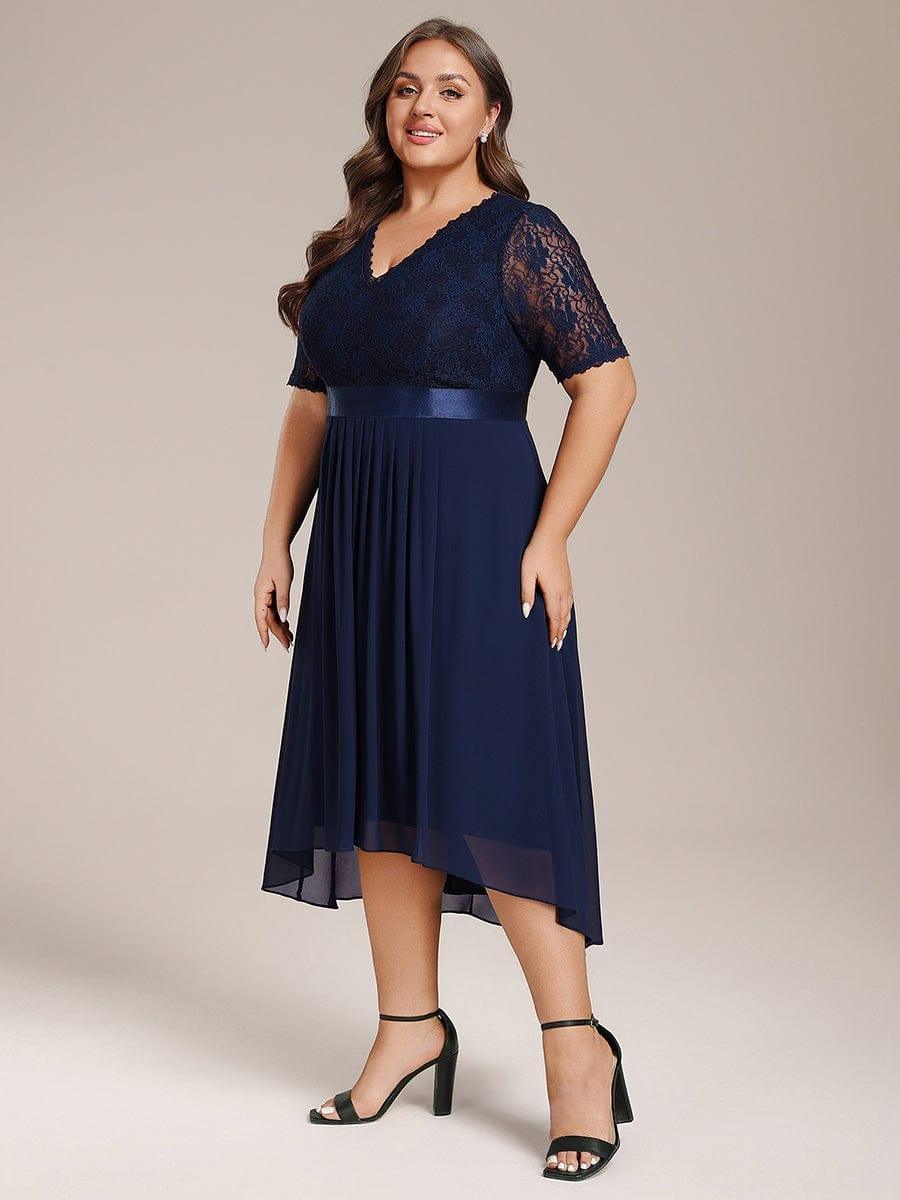 pretty JOLEN|Plus Size Half Sleeve Lace Pleated V-Neck Midi Wedding Guest Dress