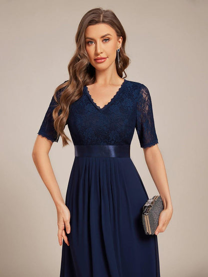 ever JOLEN|Half Sleeve Pleated V-Neck Lace Midi Wedding Guest Dress