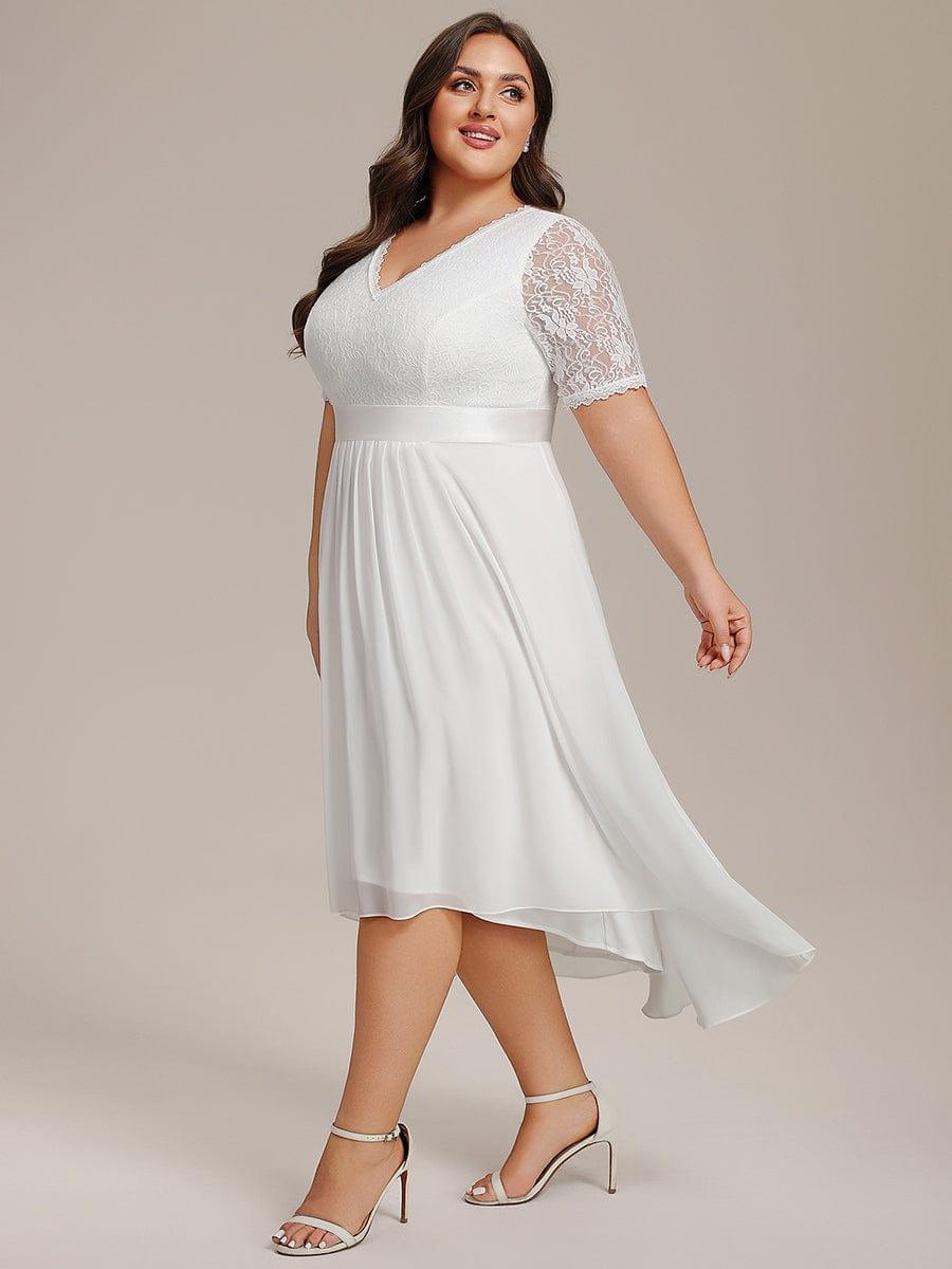 pretty JOLEN|Plus Size Half Sleeve Lace Pleated V-Neck Midi Wedding Guest Dress