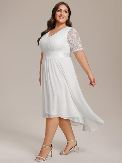 pretty JOLEN|Plus Size Half Sleeve Lace Pleated V-Neck Midi Wedding Guest Dress