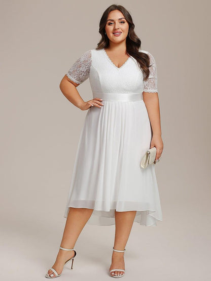 ever JOLEN|Half Sleeve Pleated V-Neck Lace Midi Wedding Guest Dress