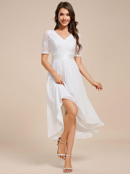 ever JOLEN|Half Sleeve Pleated V-Neck Lace Midi Wedding Guest Dress
