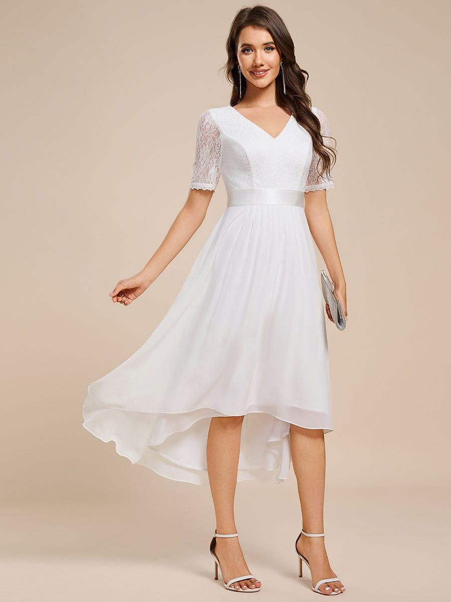 ever JOLEN|Half Sleeve Pleated V-Neck Lace Midi Wedding Guest Dress