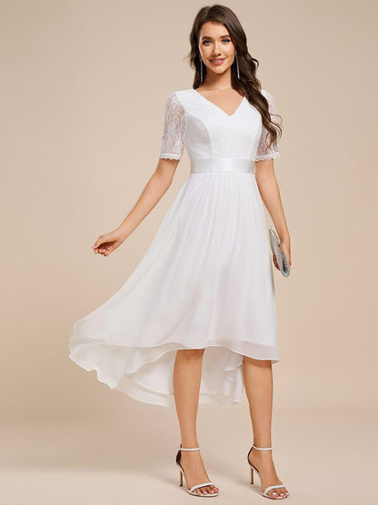 ever JOLEN|Half Sleeve Pleated V-Neck Lace Midi Wedding Guest Dress