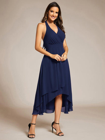 Lila | Lace-up Halterneck Backless High Low Wedding Guest Dress in Chiffon