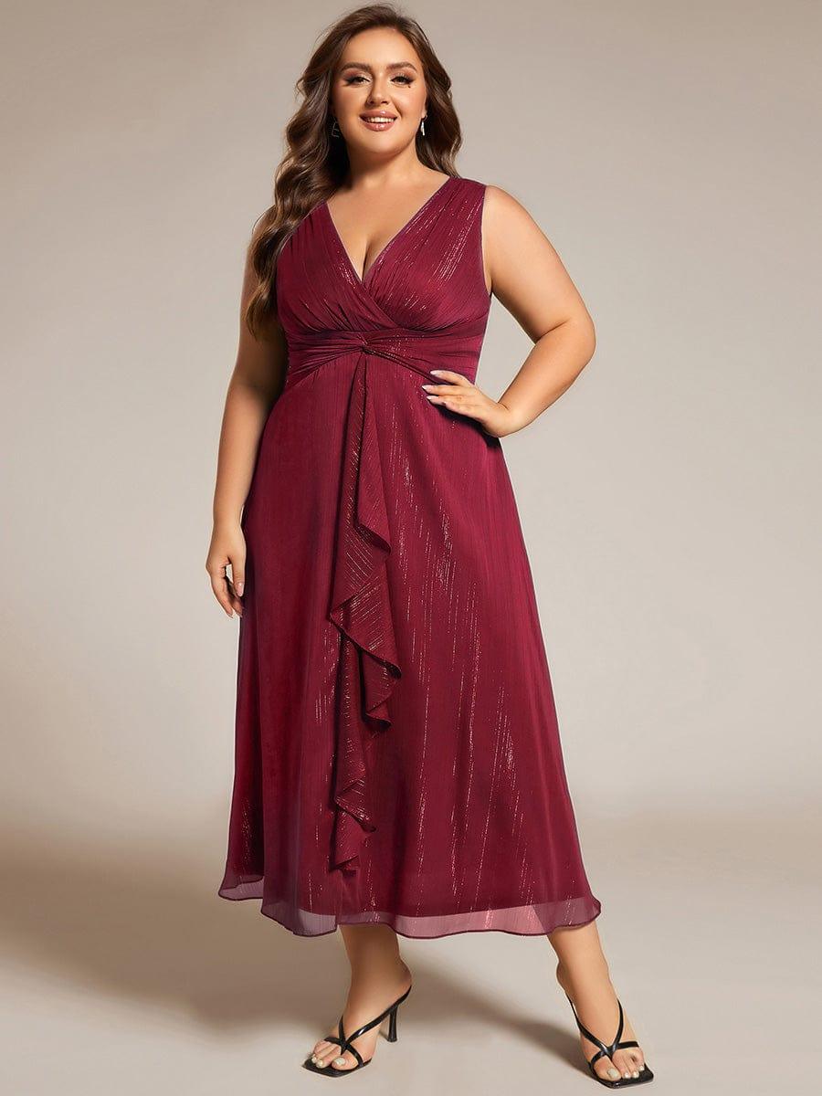 pretty MEI|Plus Size Sleeveless Glittery Ruffled V-Neck Midi Wedding Guest Dress