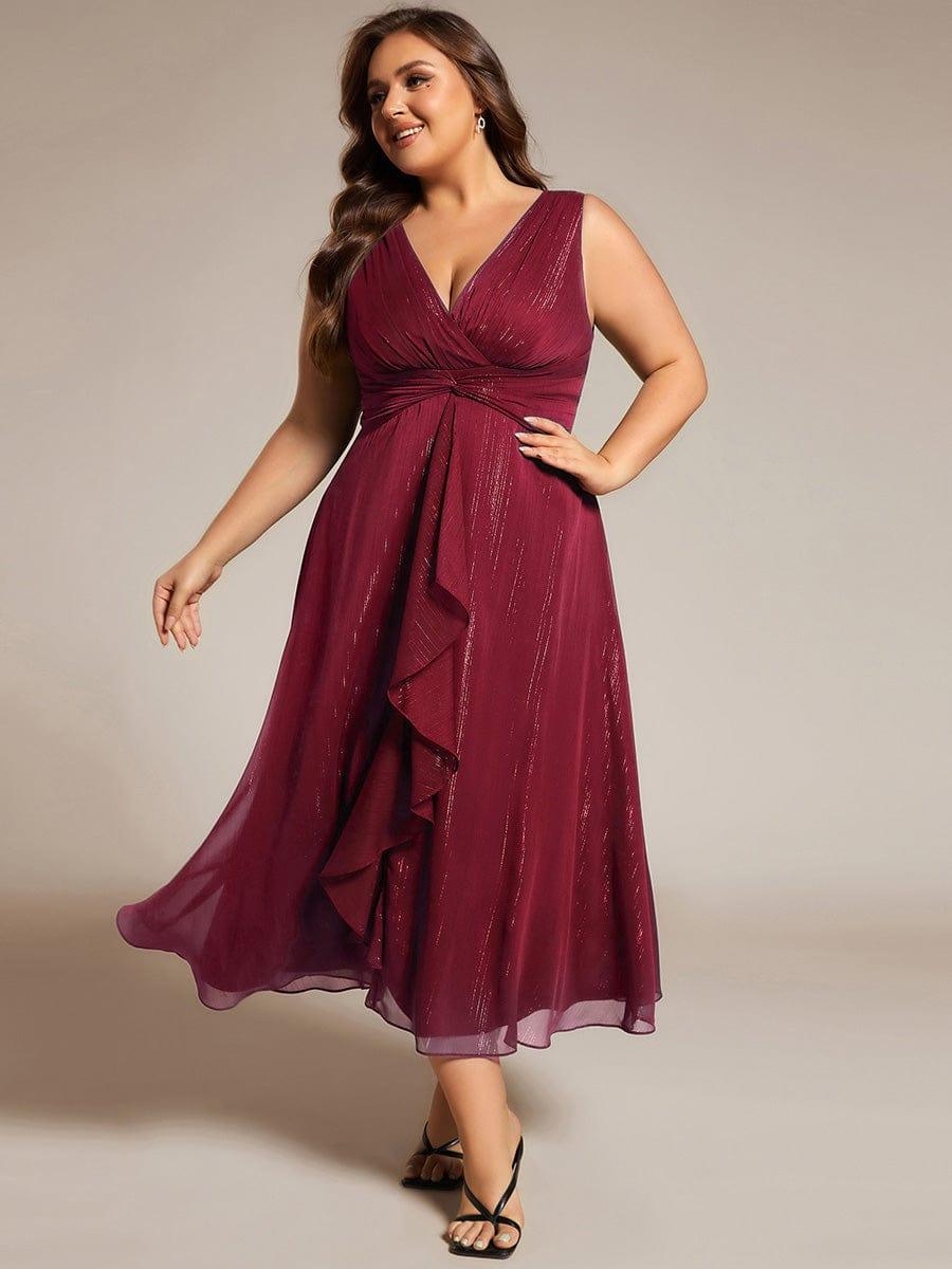 pretty MEI|Plus Size Sleeveless Glittery Ruffled V-Neck Midi Wedding Guest Dress