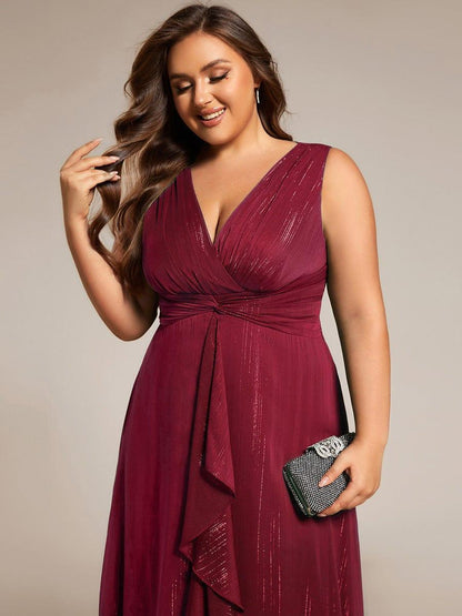 pretty MEI|Plus Size Sleeveless Glittery Ruffled V-Neck Midi Wedding Guest Dress