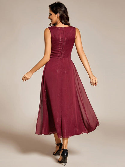 ever MEI|Glitter Sleeveless A-Line Midi Wedding Guest Dress with Ruffled Hem