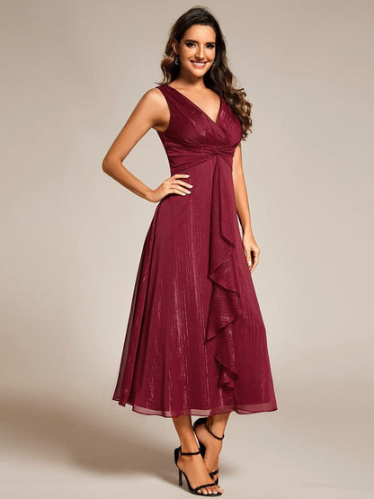 ever MEI|Glitter Sleeveless A-Line Midi Wedding Guest Dress with Ruffled Hem
