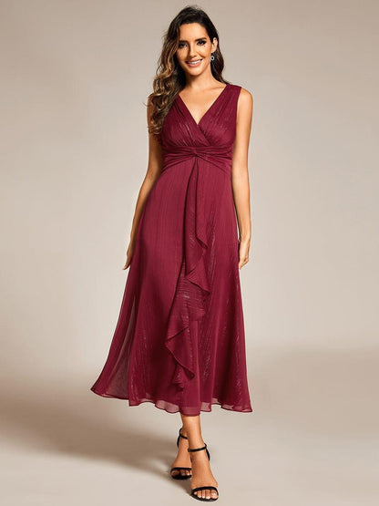 ever MEI|Glitter Sleeveless A-Line Midi Wedding Guest Dress with Ruffled Hem