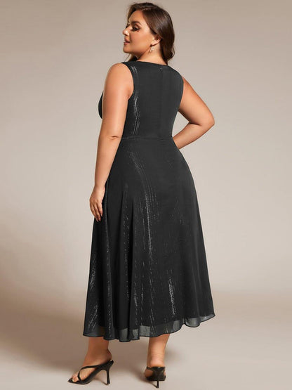 pretty MEI|Plus Size Sleeveless Glittery Ruffled V-Neck Midi Wedding Guest Dress