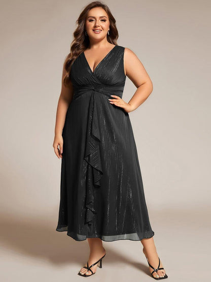 pretty MEI|Plus Size Sleeveless Glittery Ruffled V-Neck Midi Wedding Guest Dress