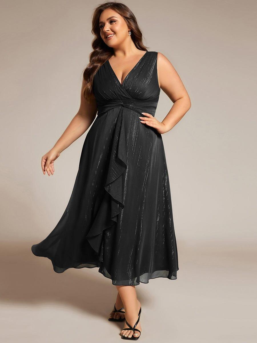 pretty MEI|Plus Size Sleeveless Glittery Ruffled V-Neck Midi Wedding Guest Dress