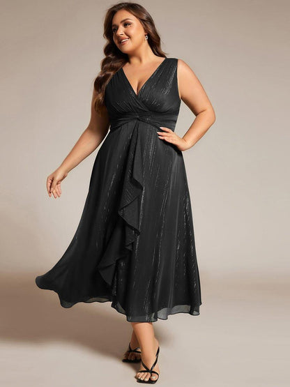 pretty MEI|Plus Size Sleeveless Glittery Ruffled V-Neck Midi Wedding Guest Dress