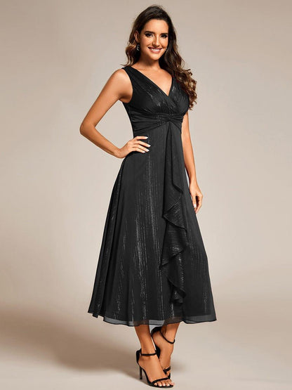 ever MEI|Glitter Sleeveless A-Line Midi Wedding Guest Dress with Ruffled Hem