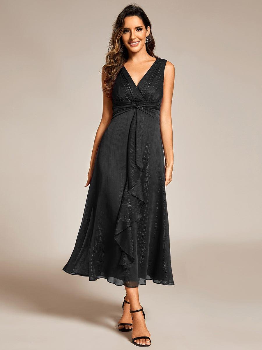 ever MEI|Glitter Sleeveless A-Line Midi Wedding Guest Dress with Ruffled Hem