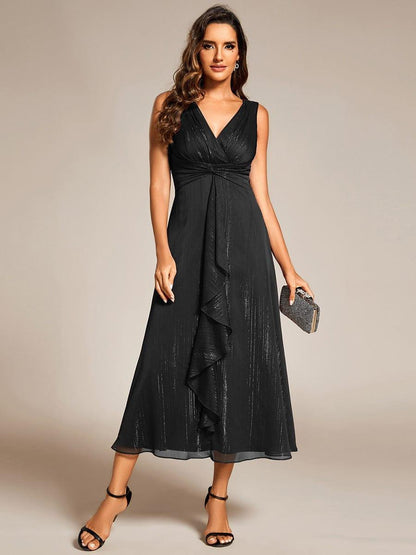 ever MEI|Glitter Sleeveless A-Line Midi Wedding Guest Dress with Ruffled Hem