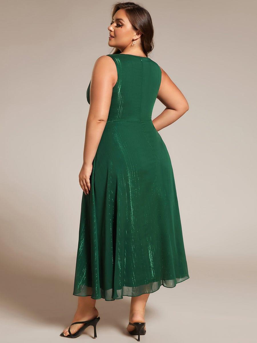 pretty MEI|Plus Size Sleeveless Glittery Ruffled V-Neck Midi Wedding Guest Dress