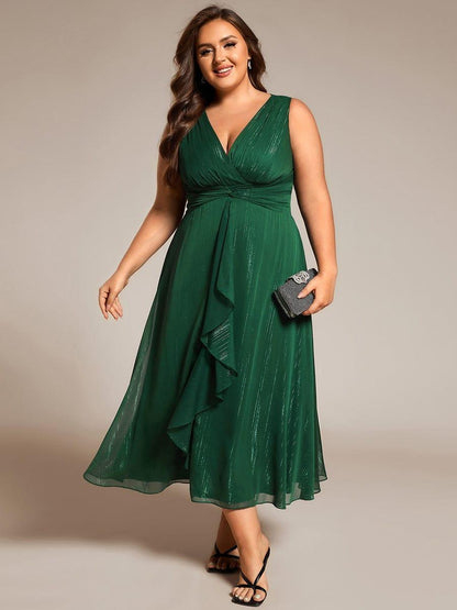 pretty MEI|Plus Size Sleeveless Glittery Ruffled V-Neck Midi Wedding Guest Dress