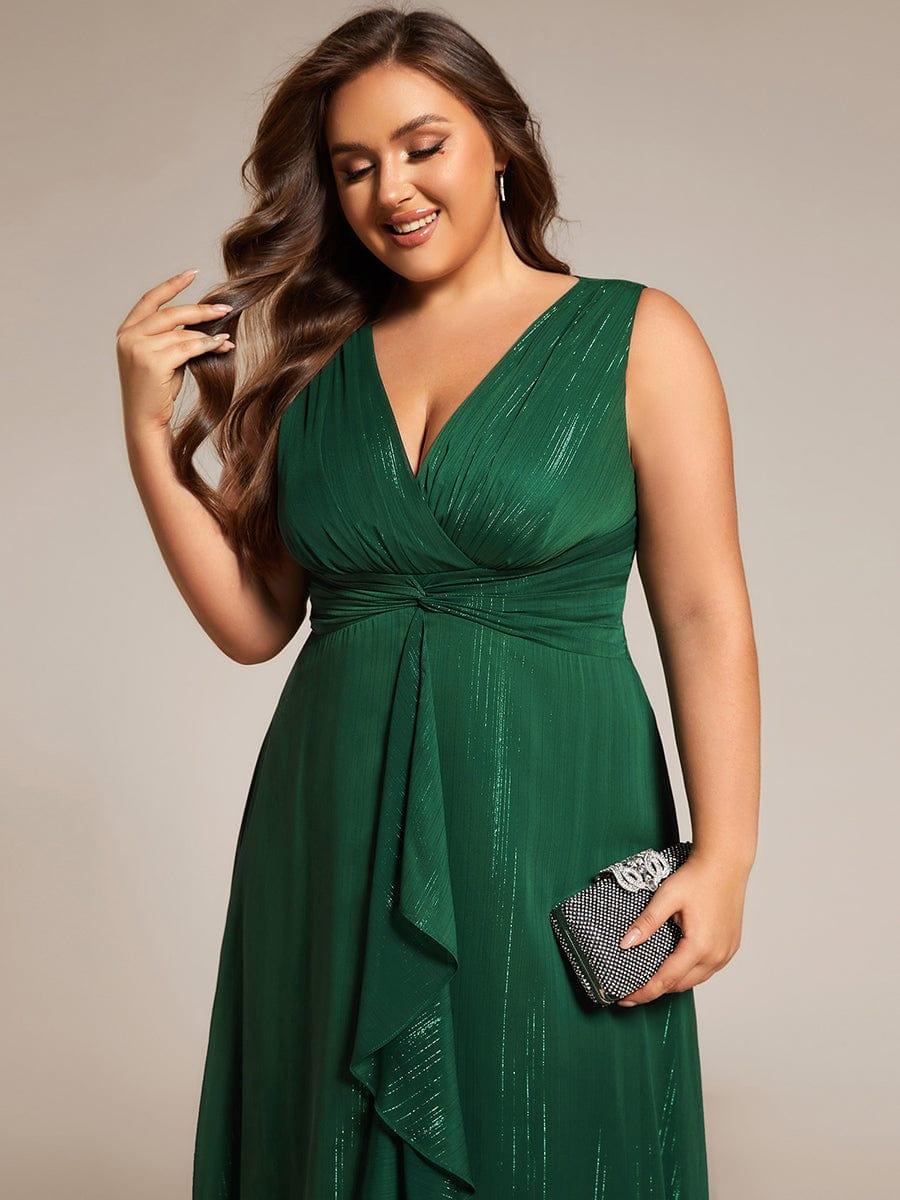 pretty MEI|Plus Size Sleeveless Glittery Ruffled V-Neck Midi Wedding Guest Dress