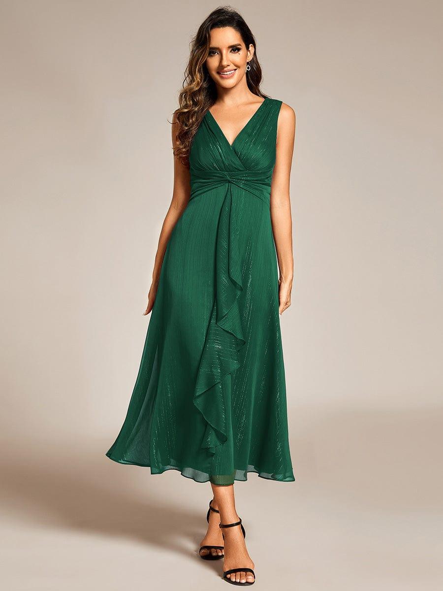 ever MEI|Glitter Sleeveless A-Line Midi Wedding Guest Dress with Ruffled Hem