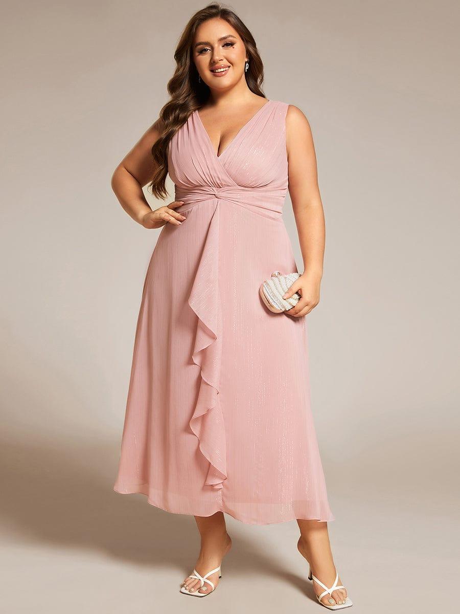 pretty MEI|Plus Size Sleeveless Glittery Ruffled V-Neck Midi Wedding Guest Dress