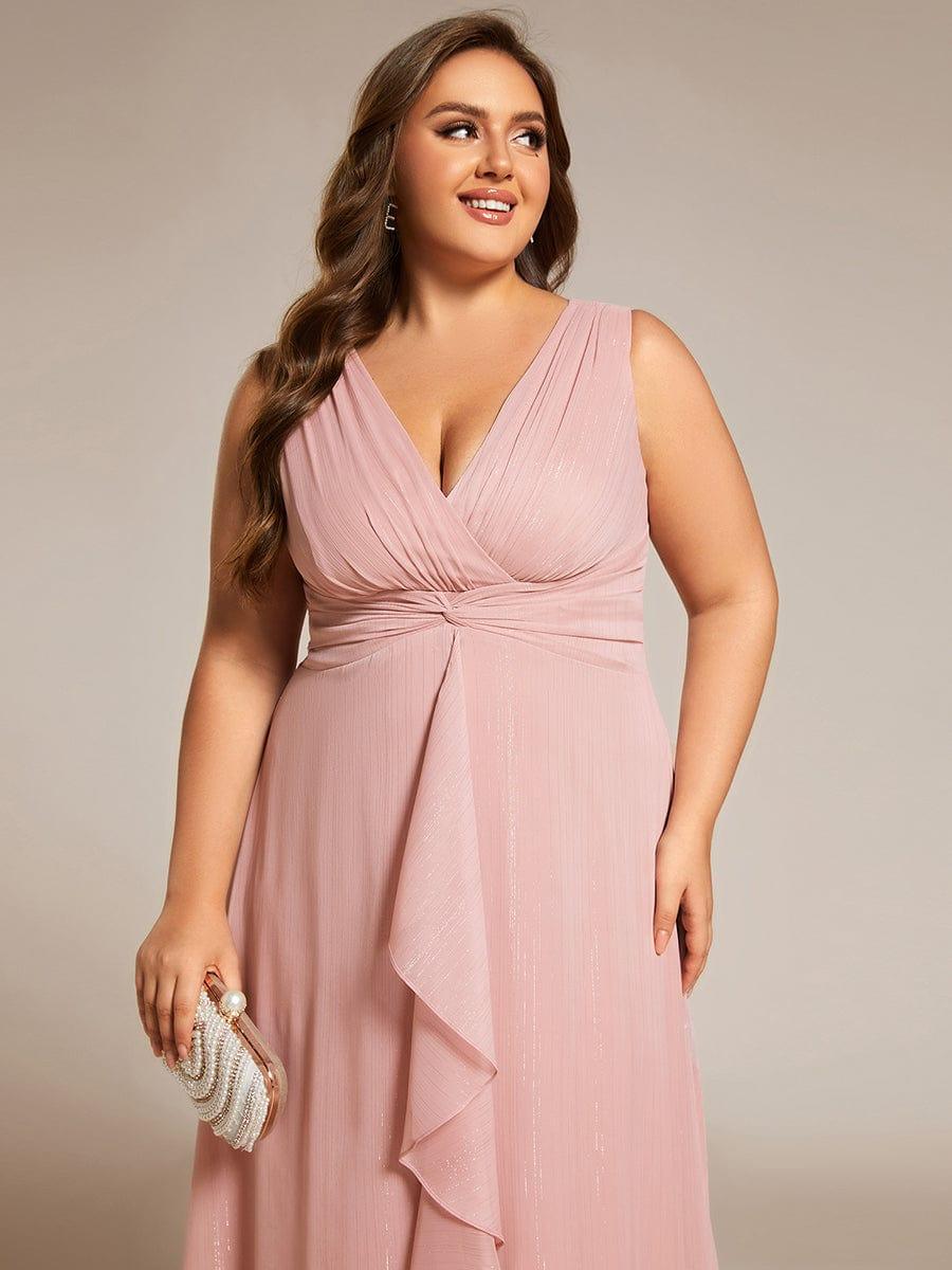 pretty MEI|Plus Size Sleeveless Glittery Ruffled V-Neck Midi Wedding Guest Dress