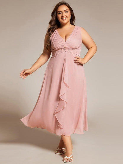 pretty MEI|Plus Size Sleeveless Glittery Ruffled V-Neck Midi Wedding Guest Dress