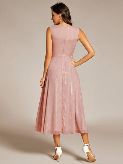 ever MEI|Glitter Sleeveless A-Line Midi Wedding Guest Dress with Ruffled Hem