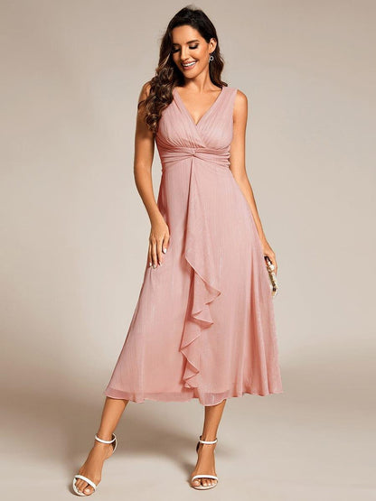 ever MEI|Glitter Sleeveless A-Line Midi Wedding Guest Dress with Ruffled Hem