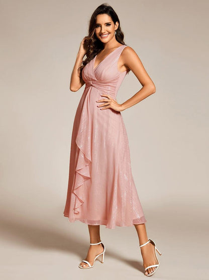 ever MEI|Glitter Sleeveless A-Line Midi Wedding Guest Dress with Ruffled Hem