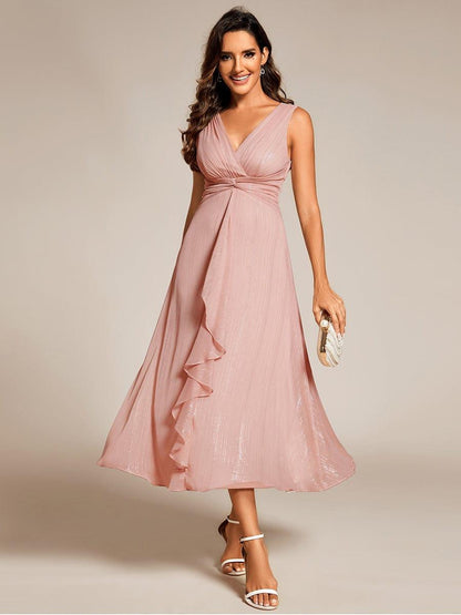 ever MEI|Glitter Sleeveless A-Line Midi Wedding Guest Dress with Ruffled Hem