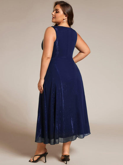 pretty MEI|Plus Size Sleeveless Glittery Ruffled V-Neck Midi Wedding Guest Dress