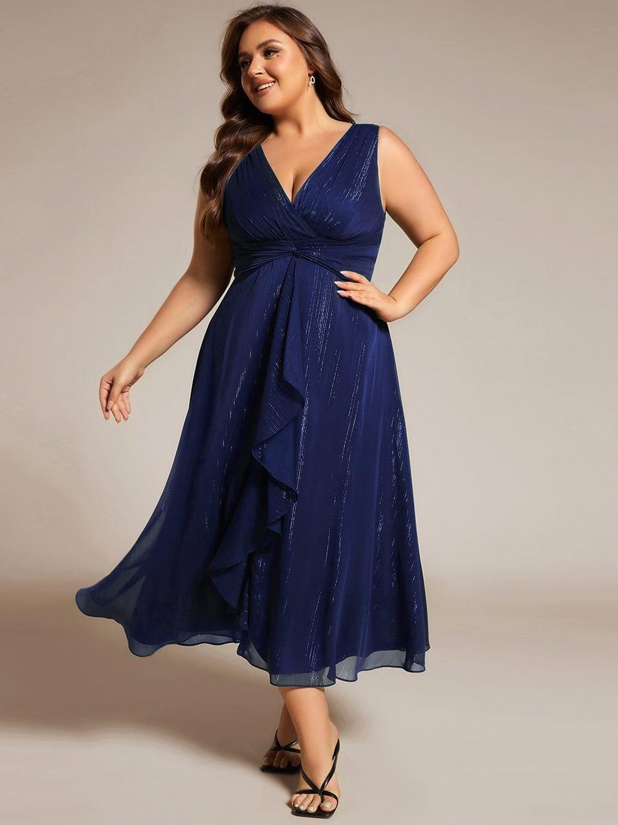 pretty MEI|Plus Size Sleeveless Glittery Ruffled V-Neck Midi Wedding Guest Dress