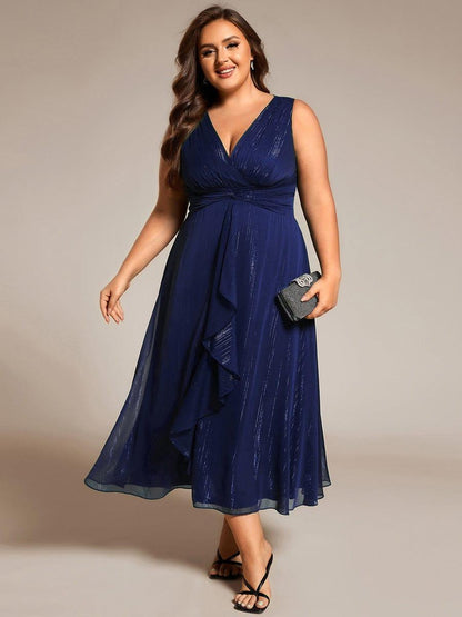 pretty MEI|Plus Size Sleeveless Glittery Ruffled V-Neck Midi Wedding Guest Dress