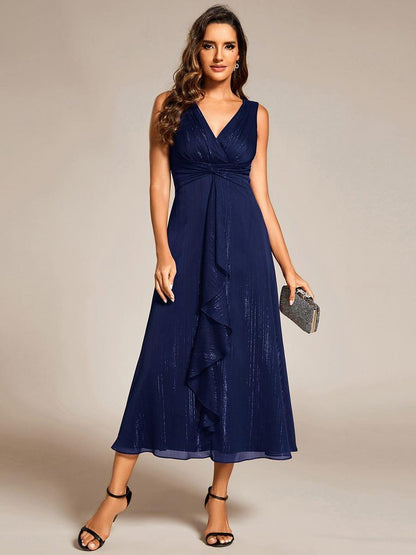 ever MEI|Glitter Sleeveless A-Line Midi Wedding Guest Dress with Ruffled Hem