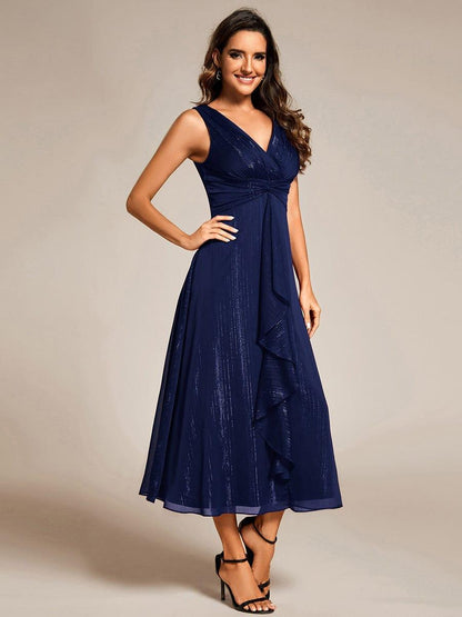 ever MEI|Glitter Sleeveless A-Line Midi Wedding Guest Dress with Ruffled Hem