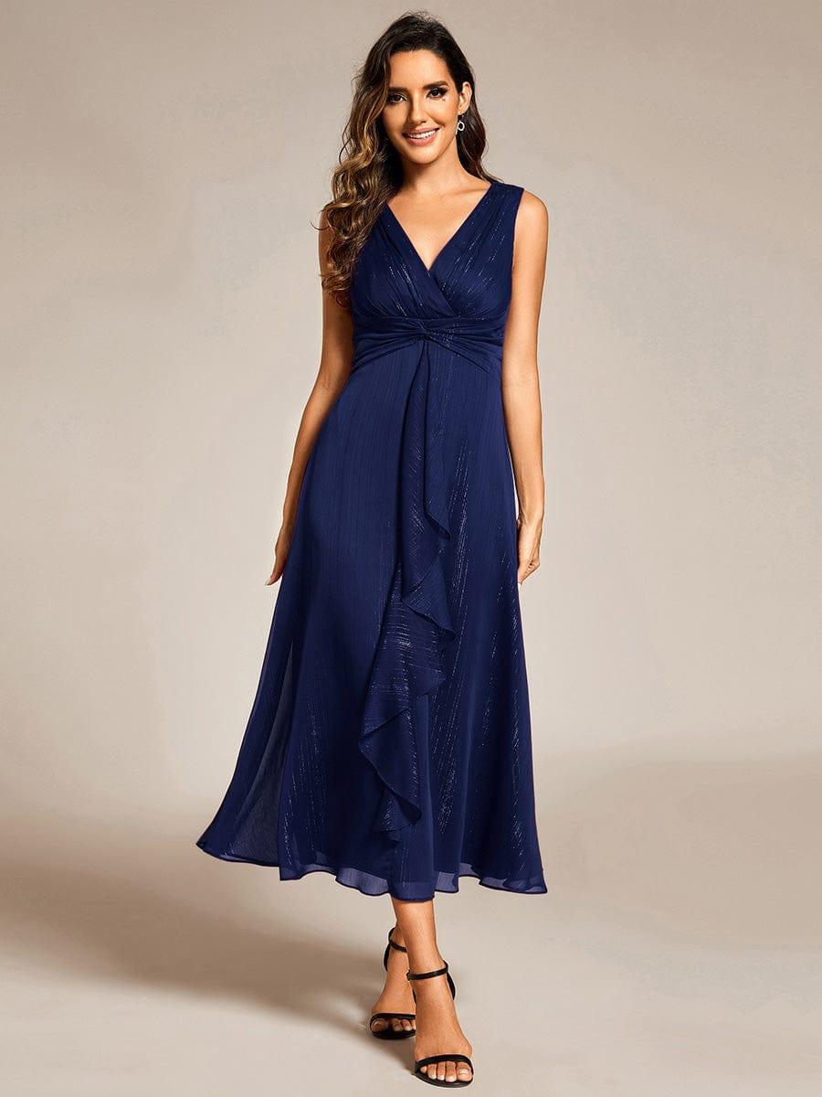 ever MEI|Glitter Sleeveless A-Line Midi Wedding Guest Dress with Ruffled Hem