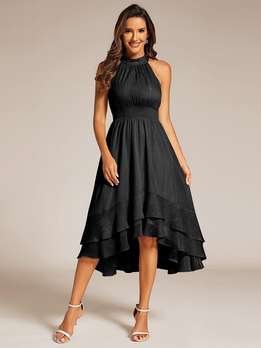 ever ZOYA|Sparkly High-Low Ruffle Halter Neck Wedding Guest Dress with Pleating