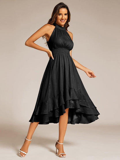 ever ZOYA|Sparkly High-Low Ruffle Halter Neck Wedding Guest Dress with Pleating