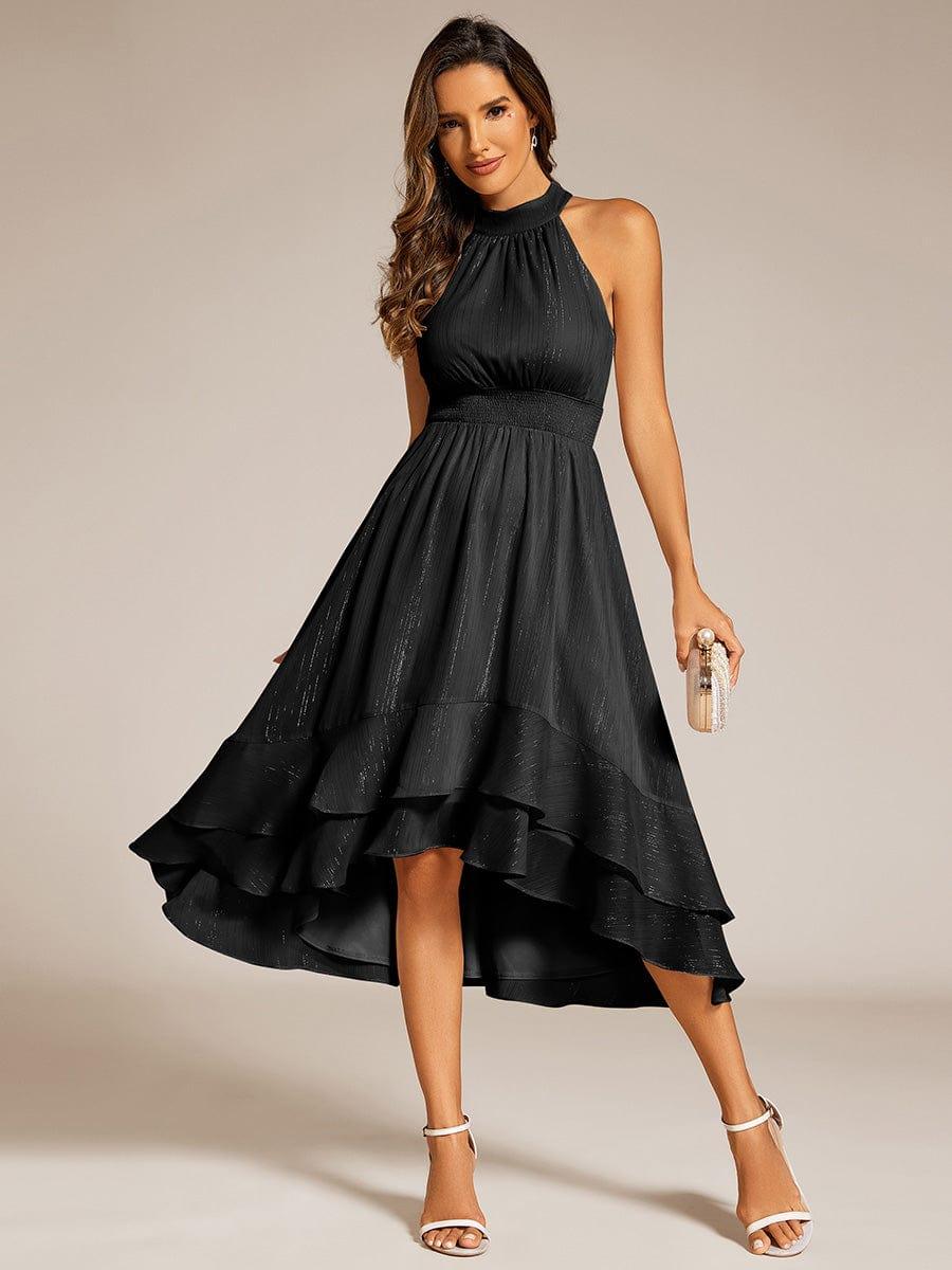ever ZOYA|Sparkly High-Low Ruffle Halter Neck Wedding Guest Dress with Pleating