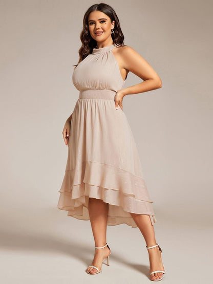 pretty ZOYA|Plus Size Glittery Sleeveless Halter Neck Midi Wedding Guest Dress