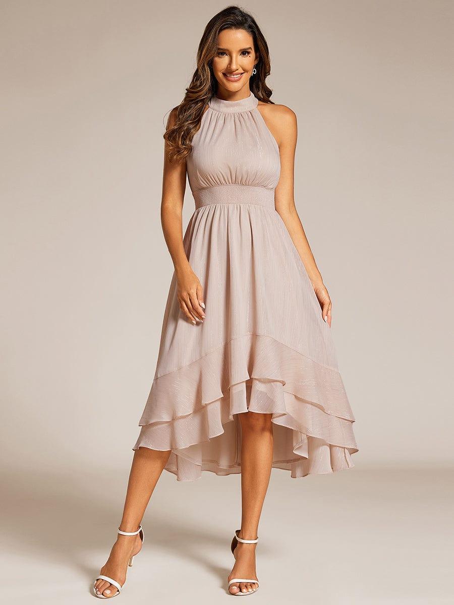 ever ZOYA|Sparkly High-Low Ruffle Halter Neck Wedding Guest Dress with Pleating
